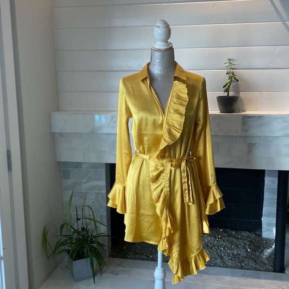 ASOS Sacred Hawk gold Satin Frilly Wrap Dress Size XS - Picture 5 of 16